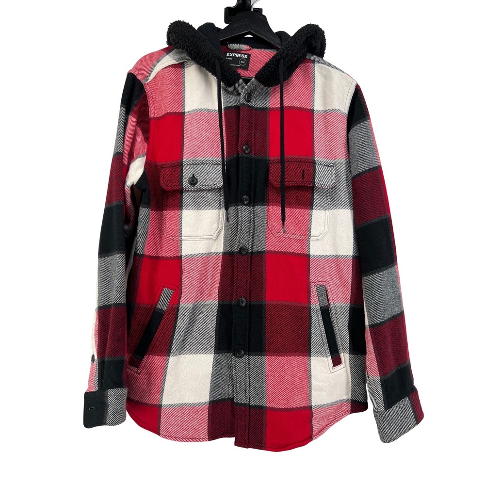 Express Mens Flannel Shirt Jacket with Hood Red Black Plaid L/G